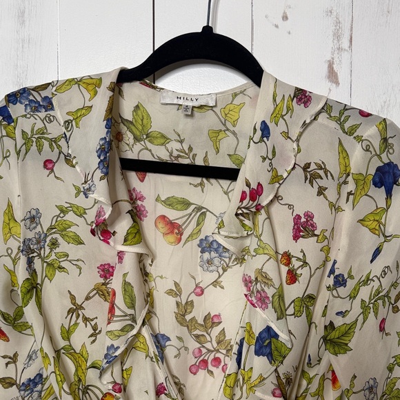 Milly Italian Silk White Floral Fruit Wrap Ruffle Blouse - Picture 5 of 9